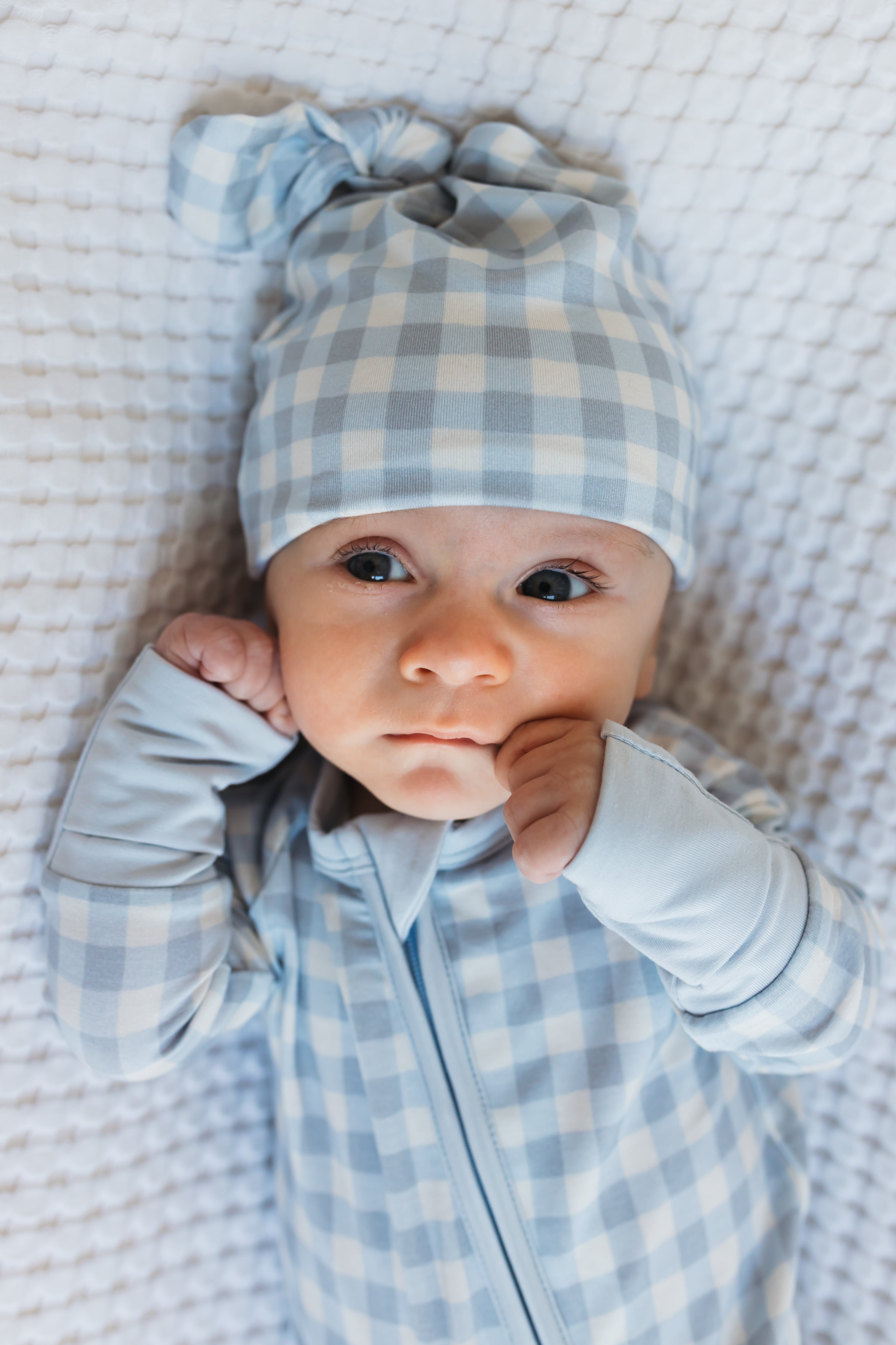 Blue Gingham Zipper Romper – In My Jammers