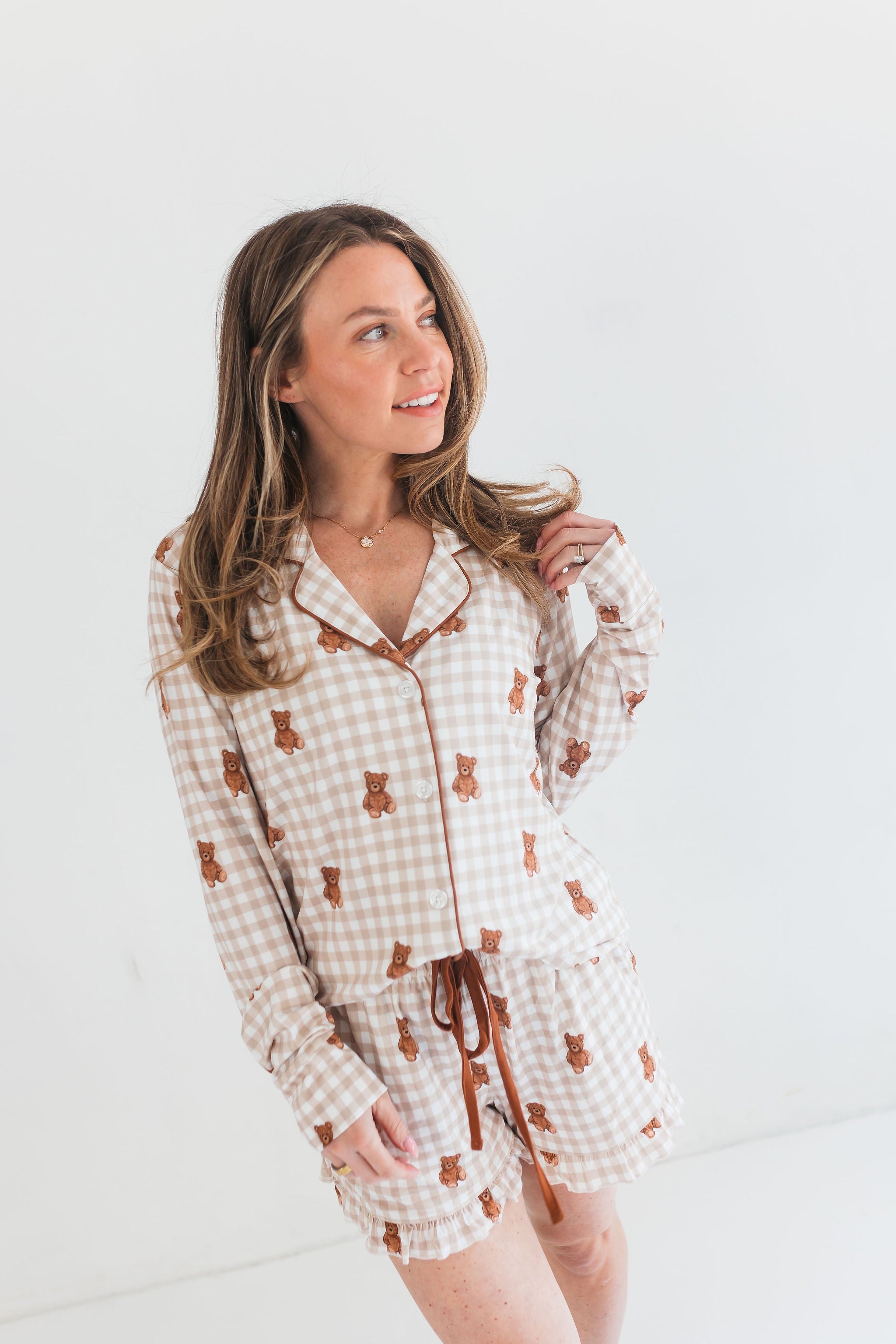 Teddy Gingham Women's Long Sleeve Short Set