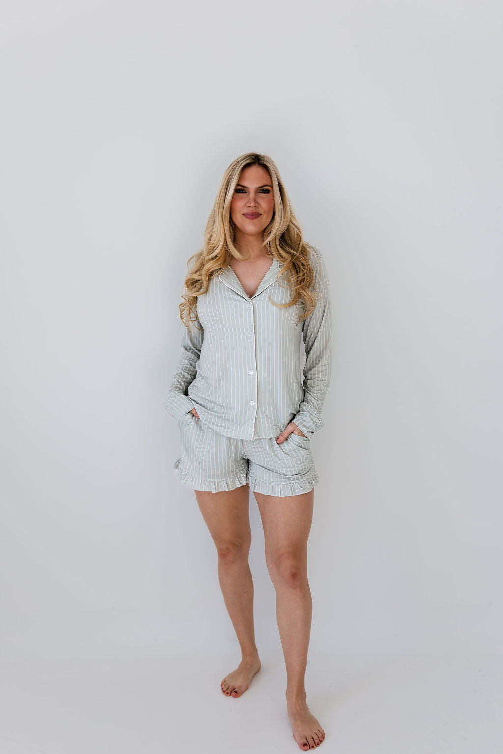 Green Striped Women's Long Sleeve Short Set