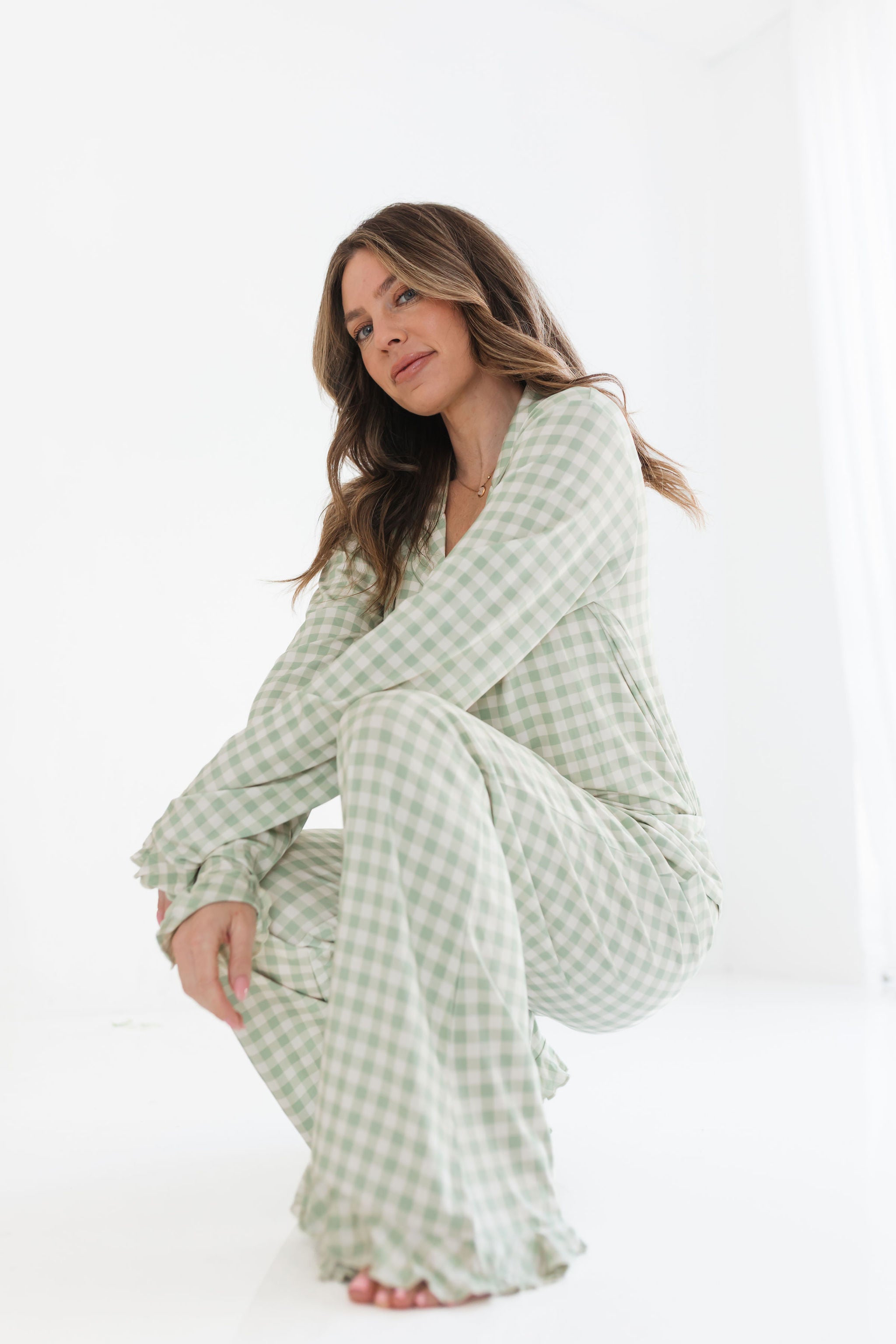 Green Gingham Women's Long Sleeve Ruffle Set
