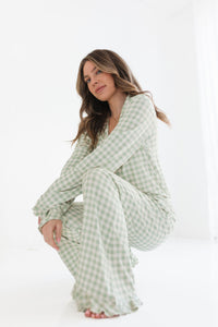 Green Gingham Women's Long Sleeve Ruffle Set