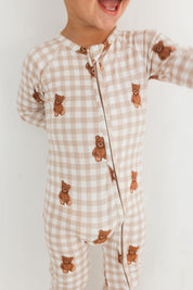 Teddy Gingham Zipper Romper