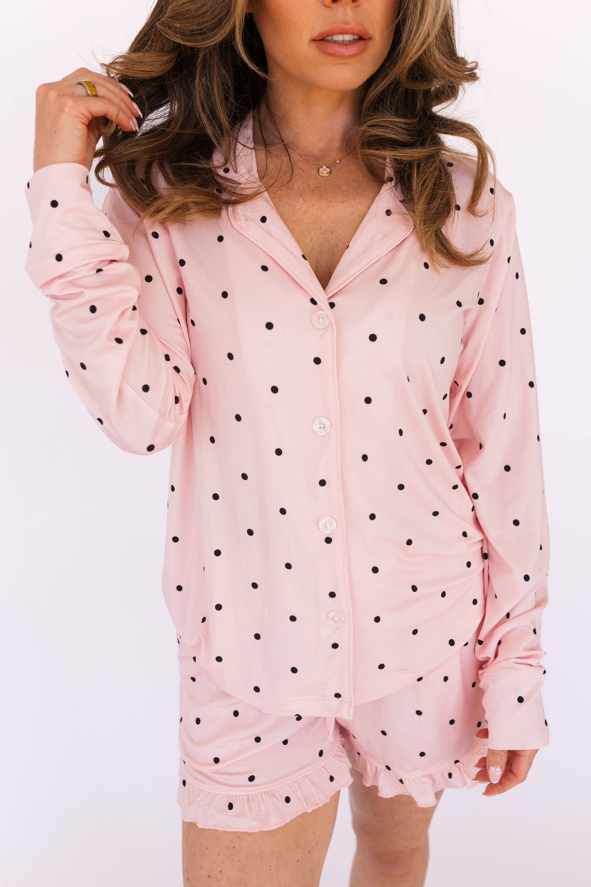Blush Polka Dot Women's Long Sleeve Short Set