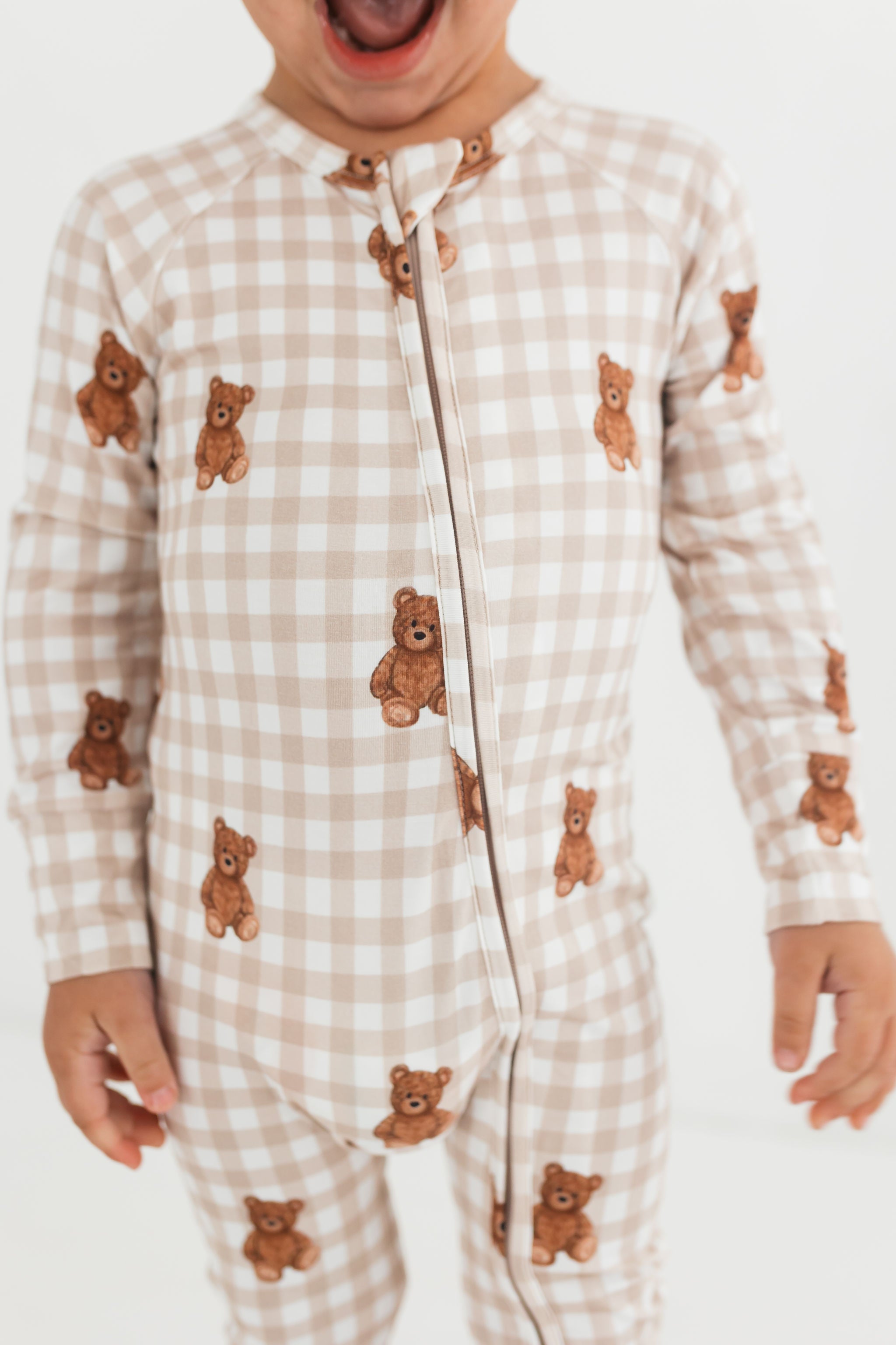 Teddy Gingham Zipper Romper