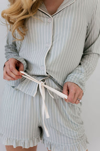 Green Striped Women's Long Sleeve Short Set