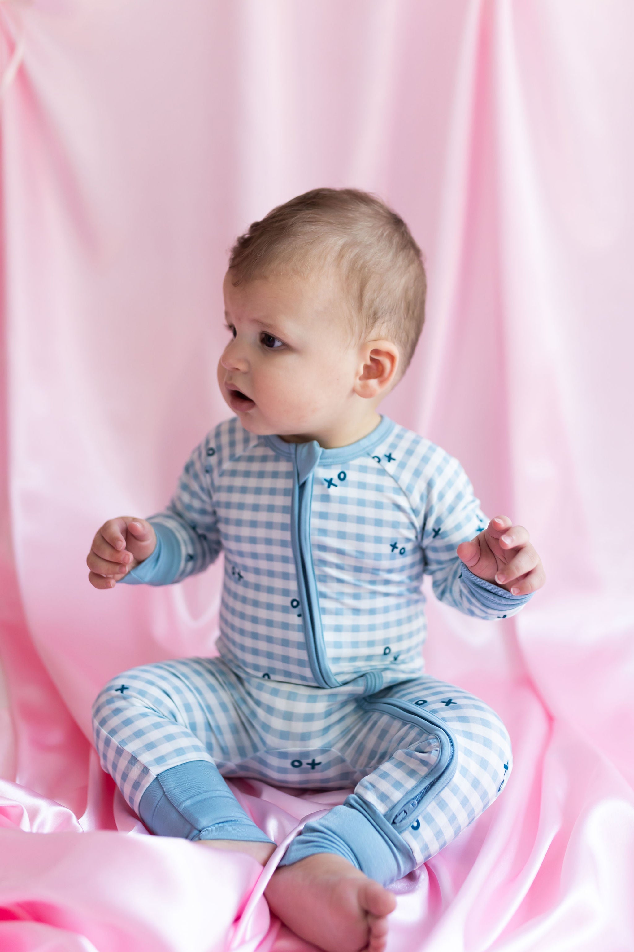 Blue XO Gingham Zipper Romper – In My Jammers
