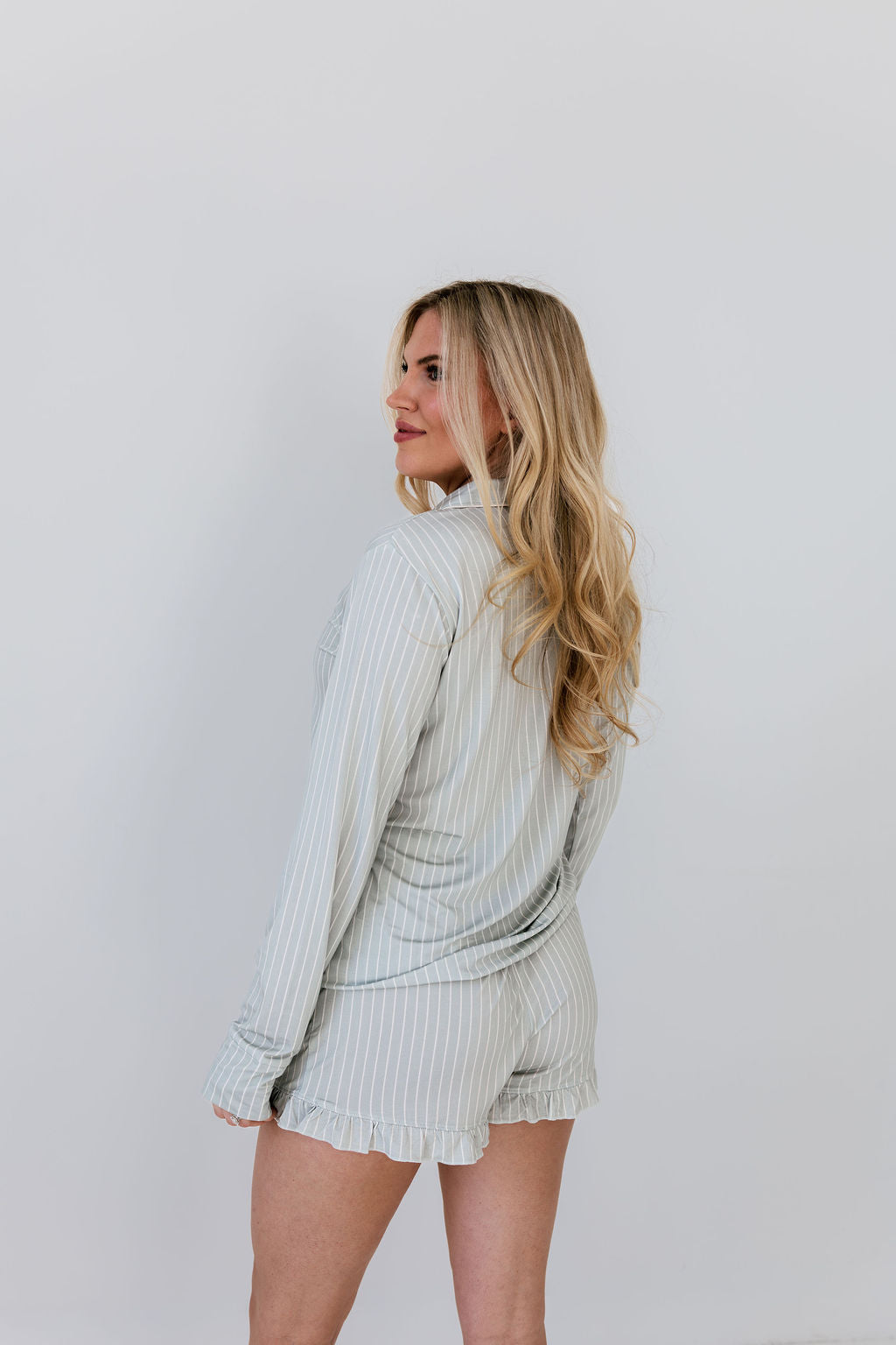 Green Striped Women's Long Sleeve Short Set