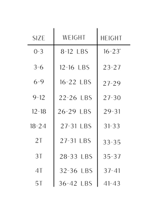 Size chart for our kids, toddler, and baby Sleepwear line
