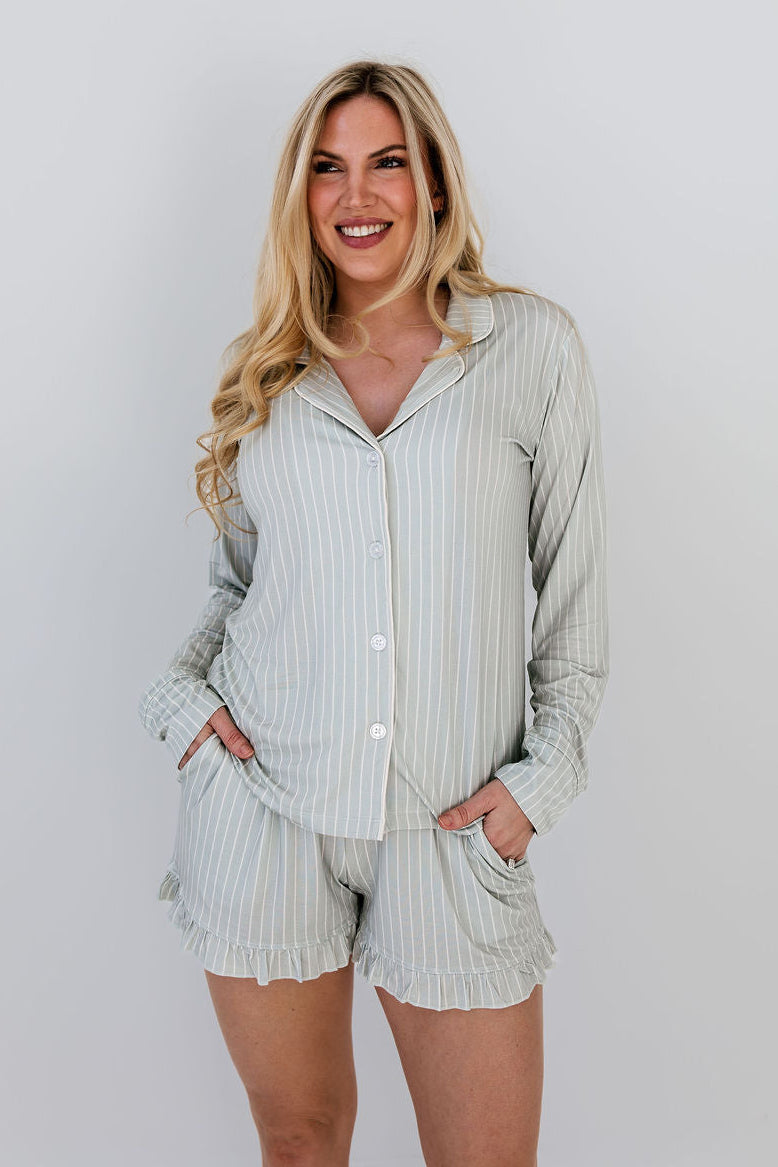 Green Striped Women's Long Sleeve Short Set
