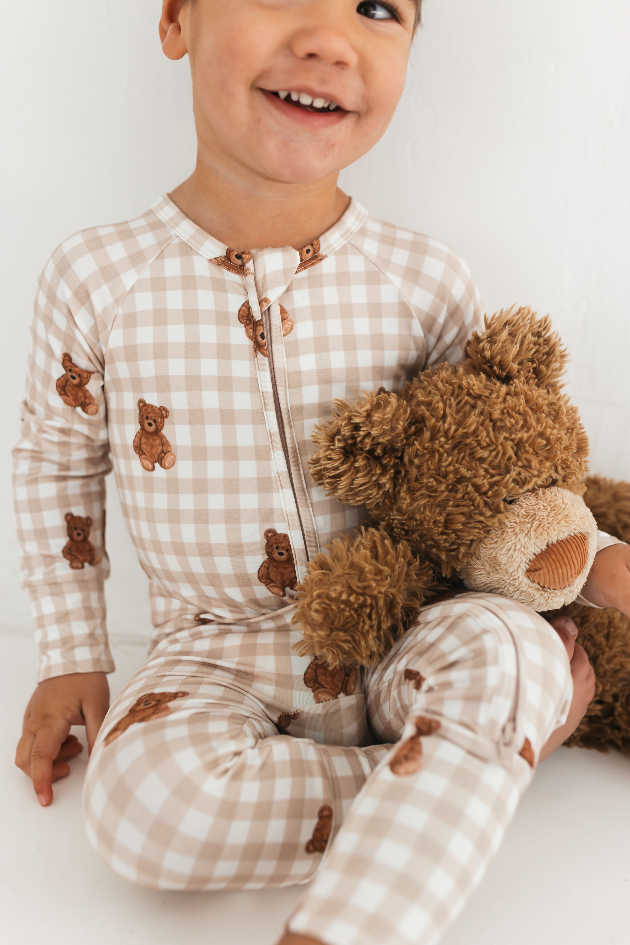 Teddy Gingham Zipper Romper