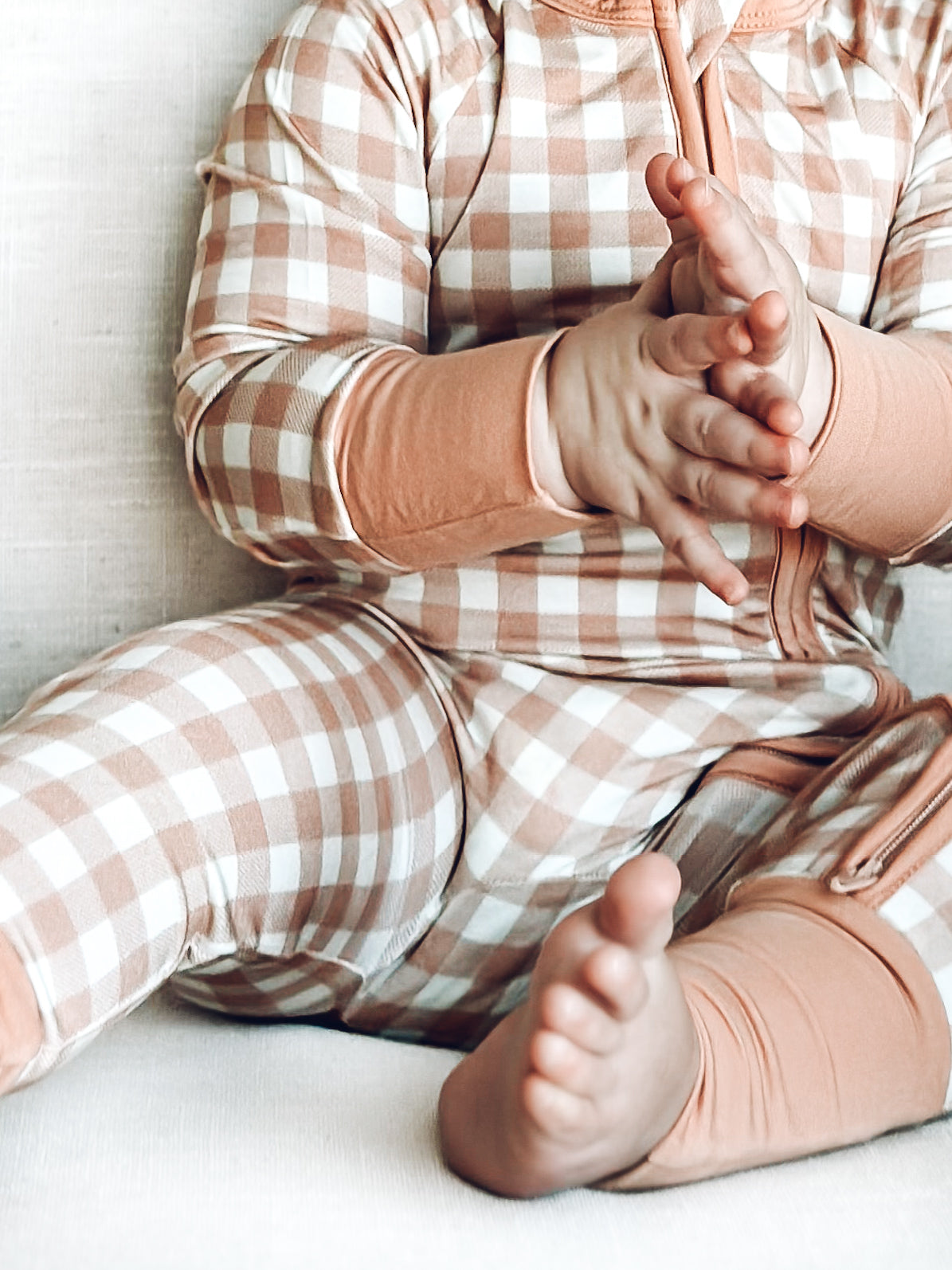 Tan Gingham Zipper Romper