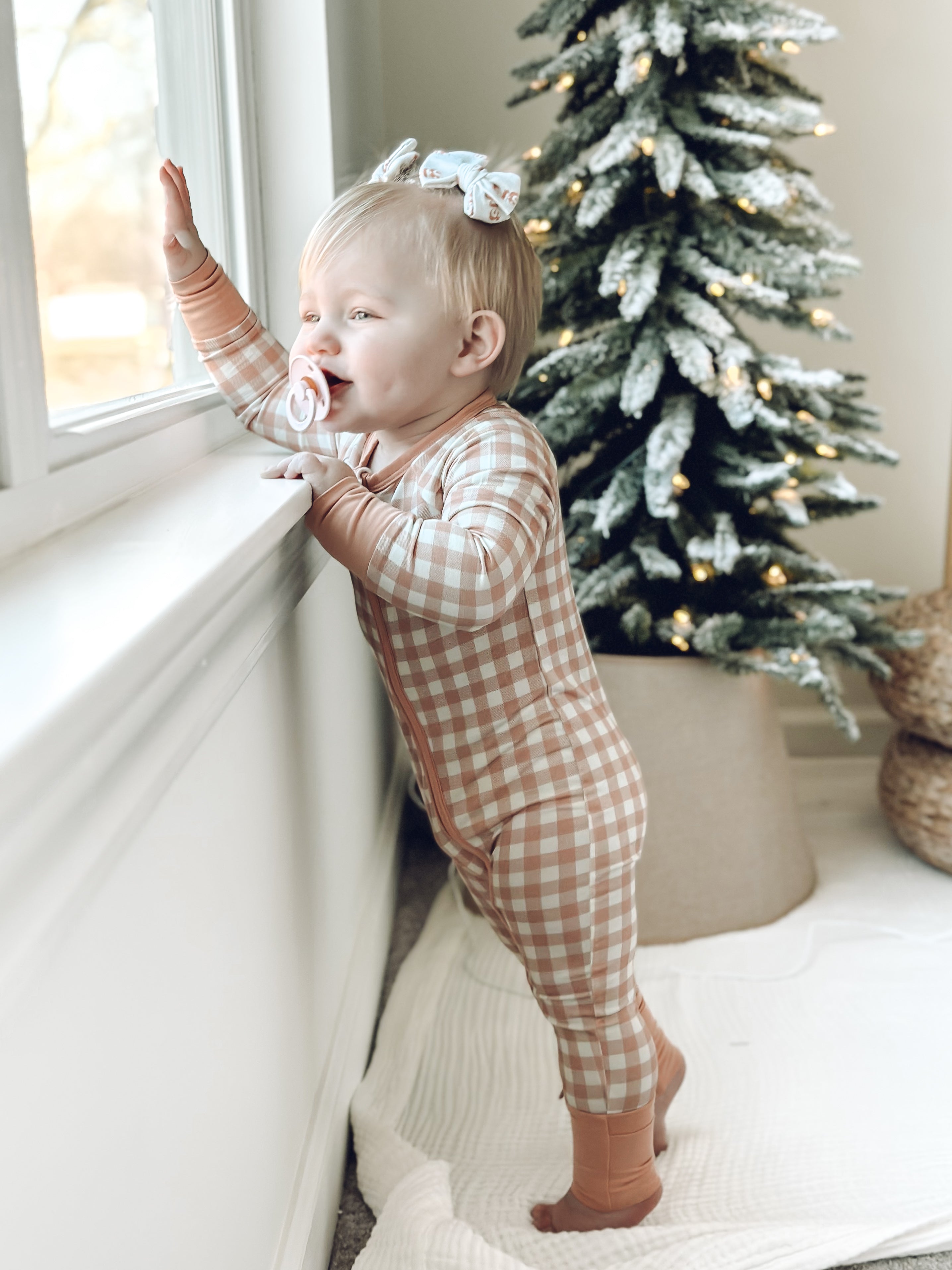 Tan Gingham Zipper Romper