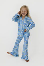 Blue Stripe Butter Girls' Long Sleeve Ruffle Flare Set
