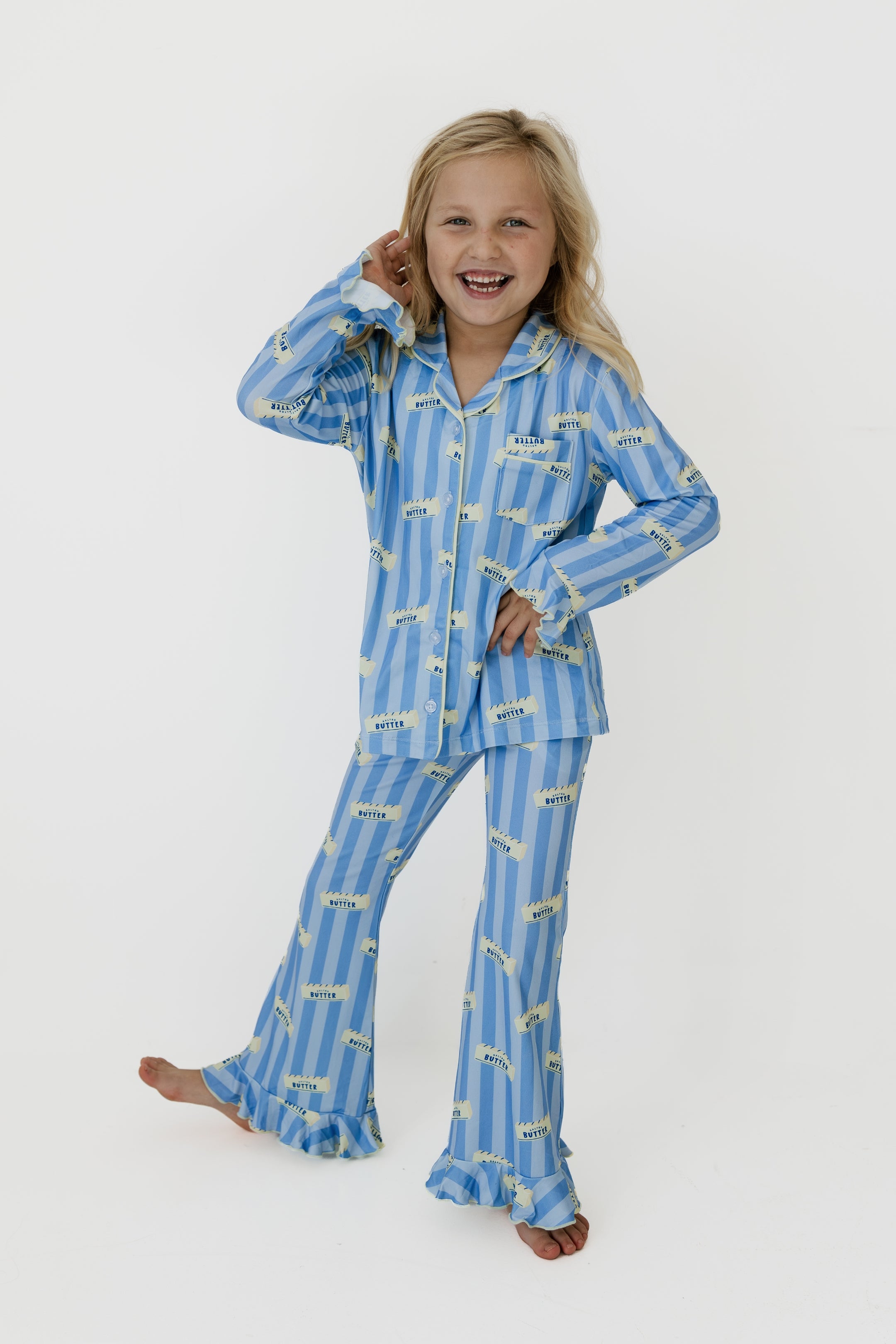 Blue Stripe Butter Girls' Long Sleeve Ruffle Flare Set