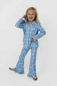 Blue Stripe Butter Girls' Long Sleeve Ruffle Flare Set