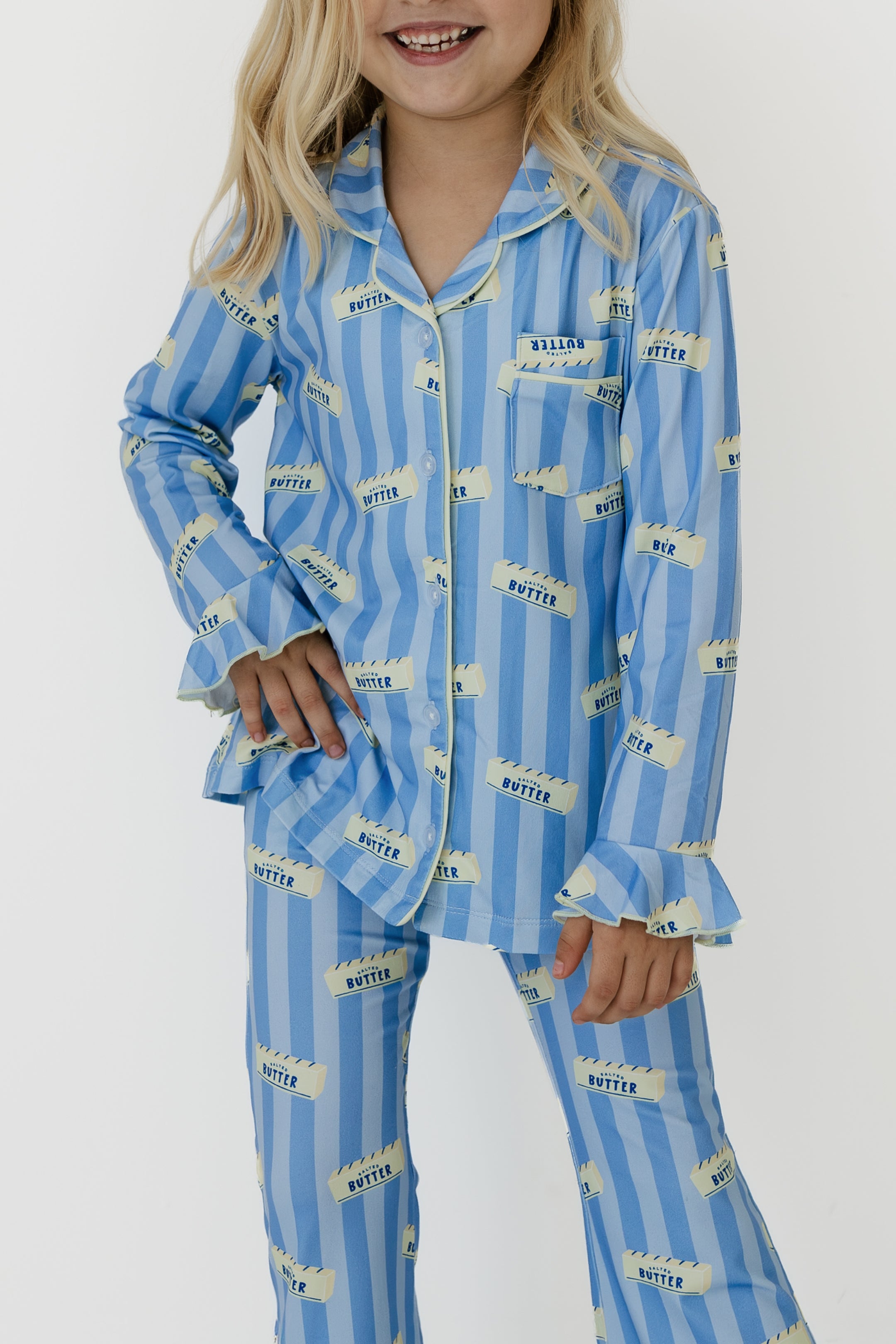 Blue Stripe Butter Girls' Long Sleeve Ruffle Flare Set