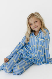 Blue Stripe Butter Girls' Long Sleeve Ruffle Flare Set