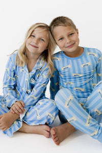 Blue Stripe Butter Girls' Long Sleeve Ruffle Flare Set