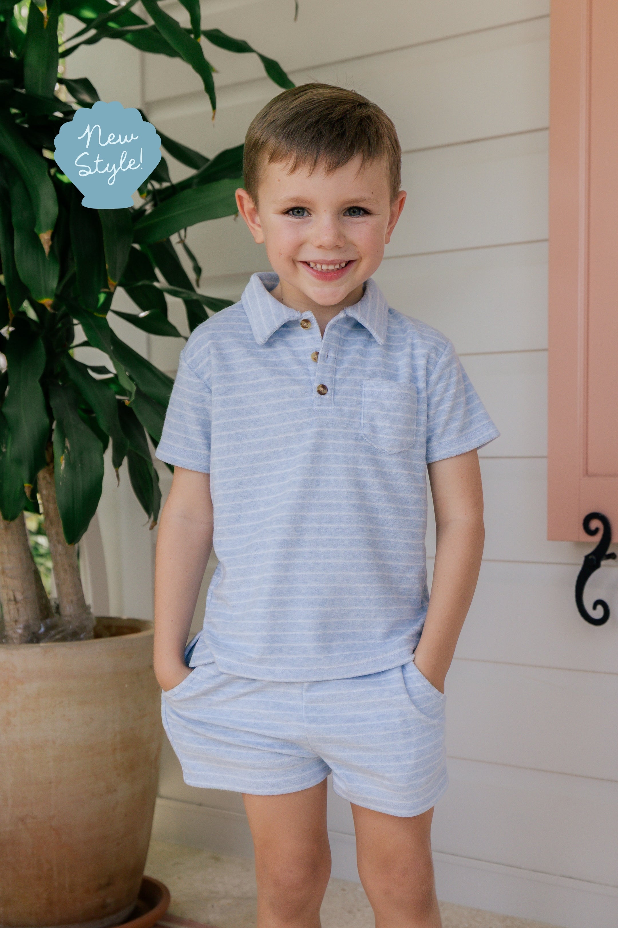 Blue Stripe Terry Polo Short Set