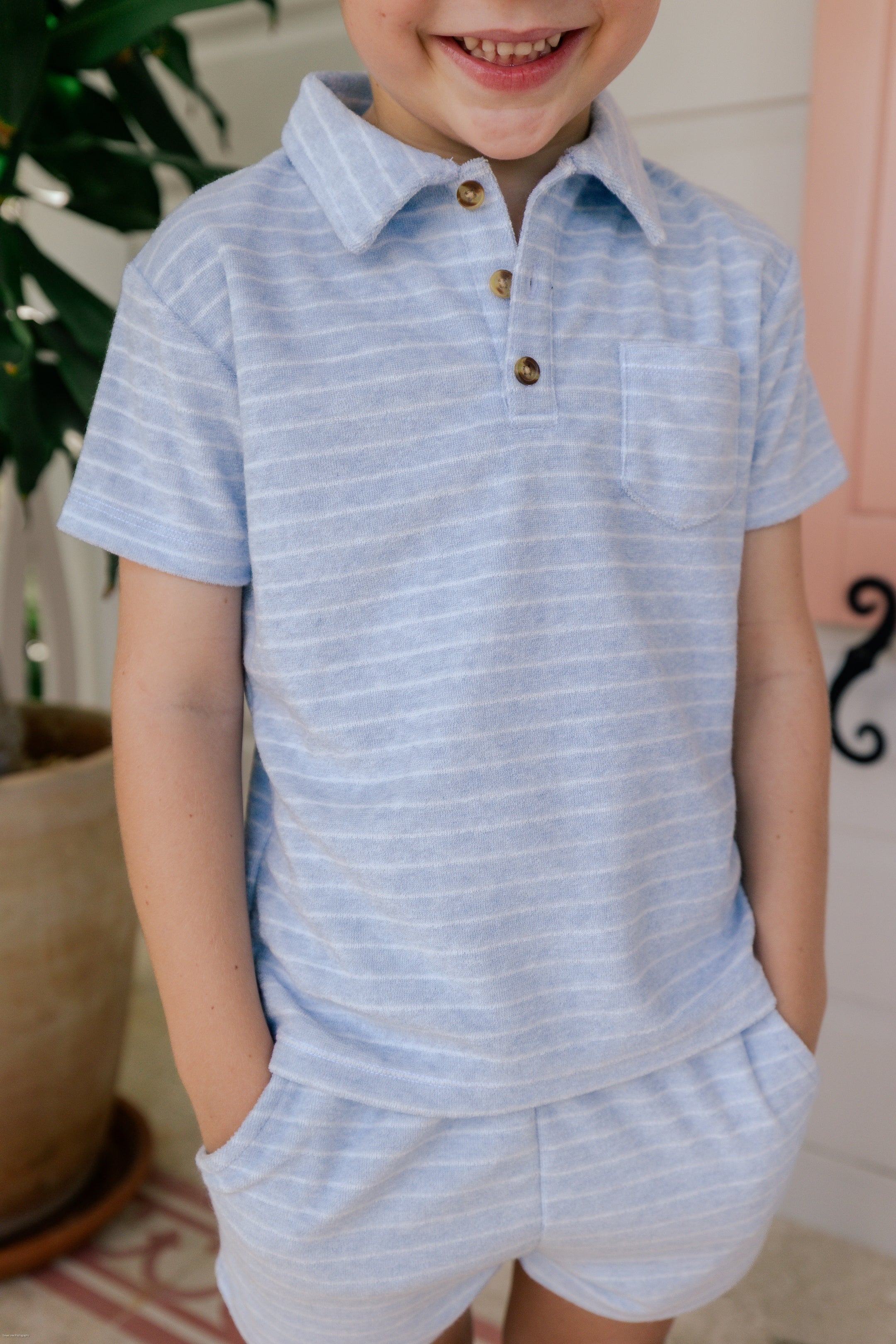 Blue Stripe Terry Polo Short Set
