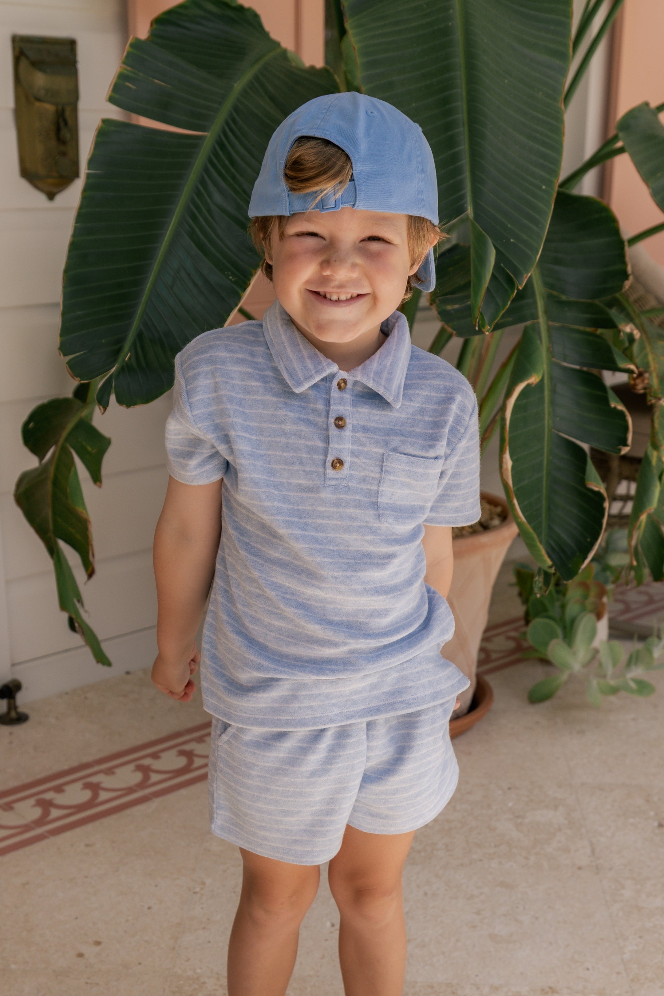Blue Stripe Terry Polo Short Set