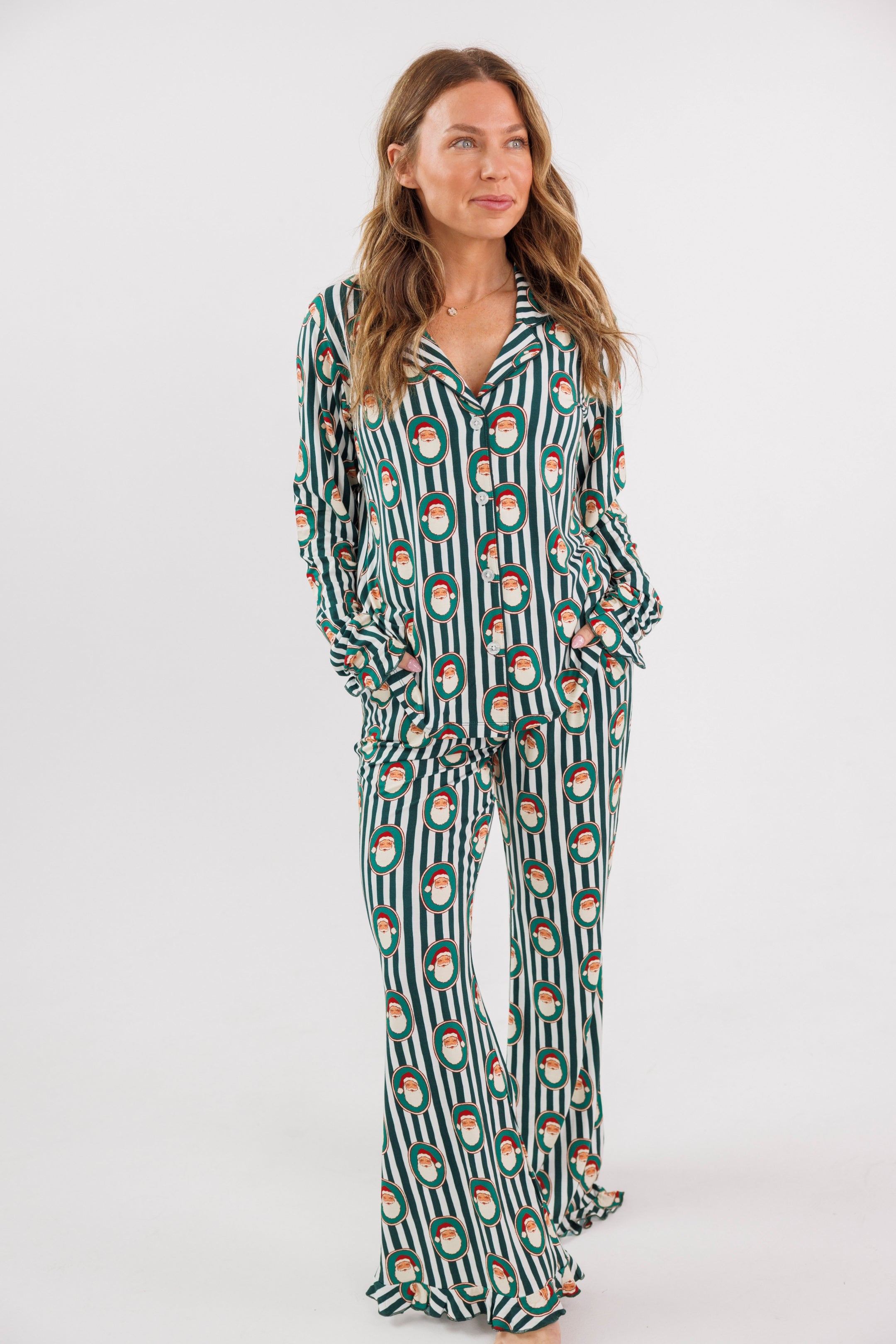 Green Santa Claus Lane Women's Long Sleeve Ruffle Set
