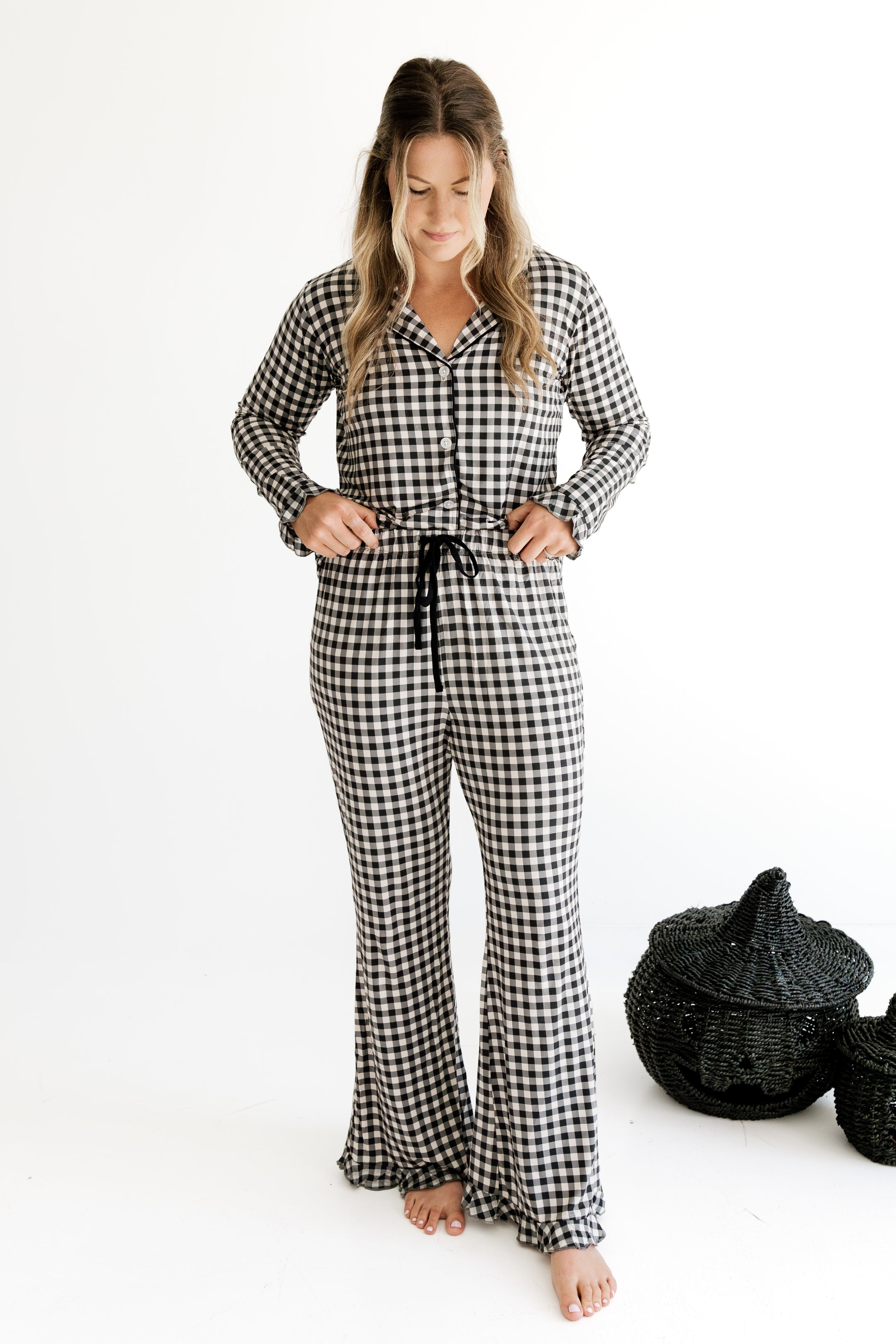 Black and Cream Gingham Women's Long Sleeve Ruffle Set