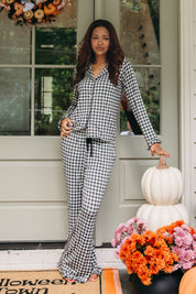 Black and Cream Gingham Women's Long Sleeve Ruffle Set