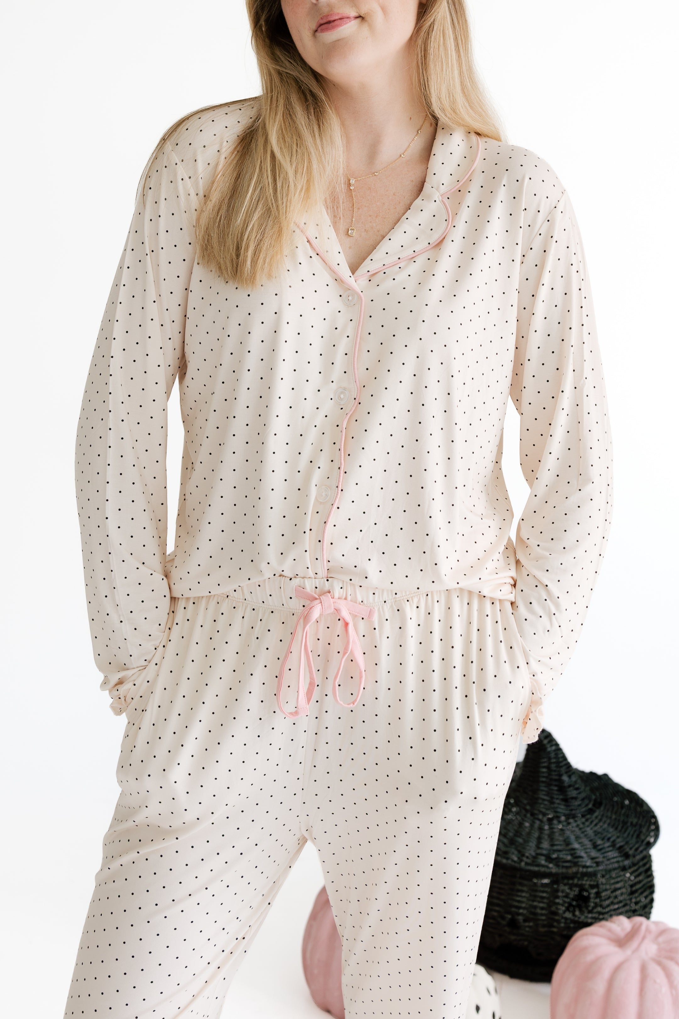 Cream and Black Polka Dot Women's Long Sleeve Ruffle Set