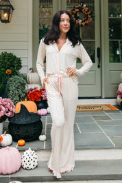 Cream and Black Polka Dot Women's Long Sleeve Ruffle Set