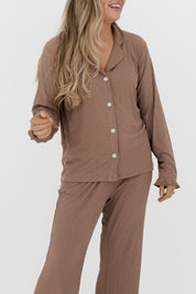 Madison Brown Ribbed Women's Long Sleeve Ruffle Set