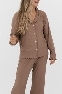 Madison Brown Ribbed Women's Long Sleeve Ruffle Set