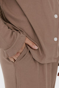 Madison Brown Ribbed Women's Long Sleeve Ruffle Set