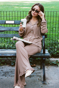 Madison Brown Ribbed Women's Long Sleeve Ruffle Set