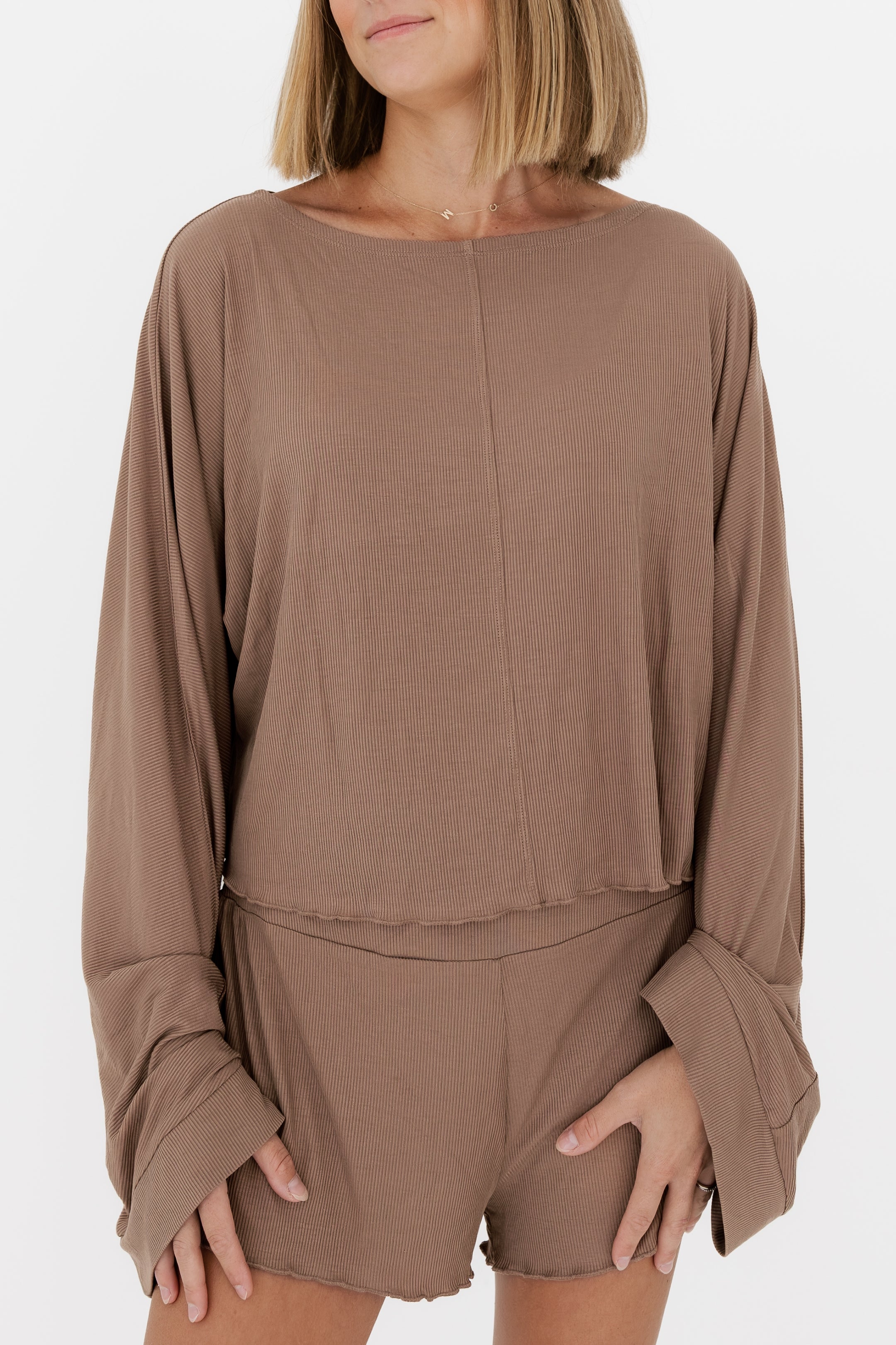 Madison Brown Ribbed Women's Relaxed Sleeve Set