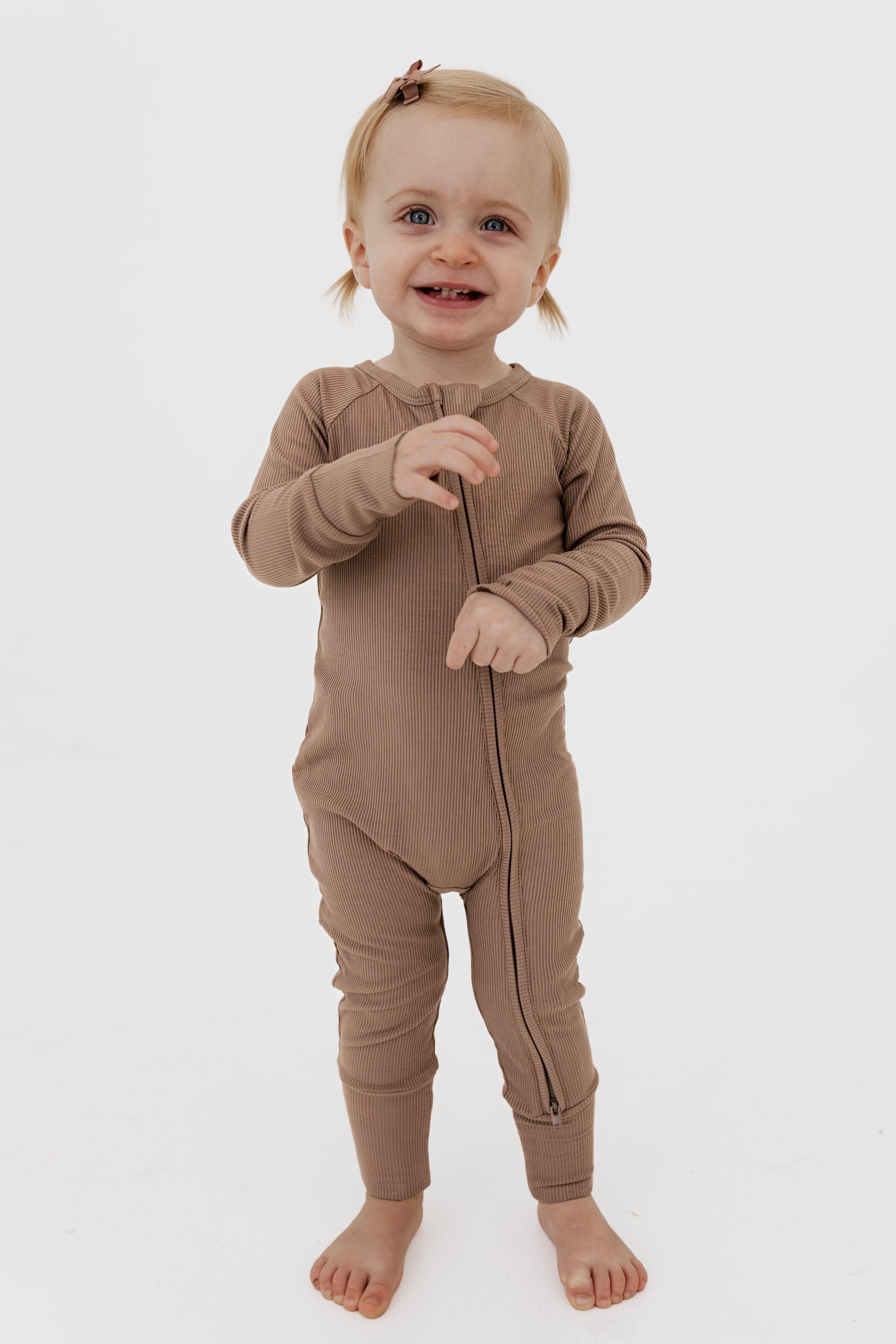 Madison Brown Ribbed Zipper Romper