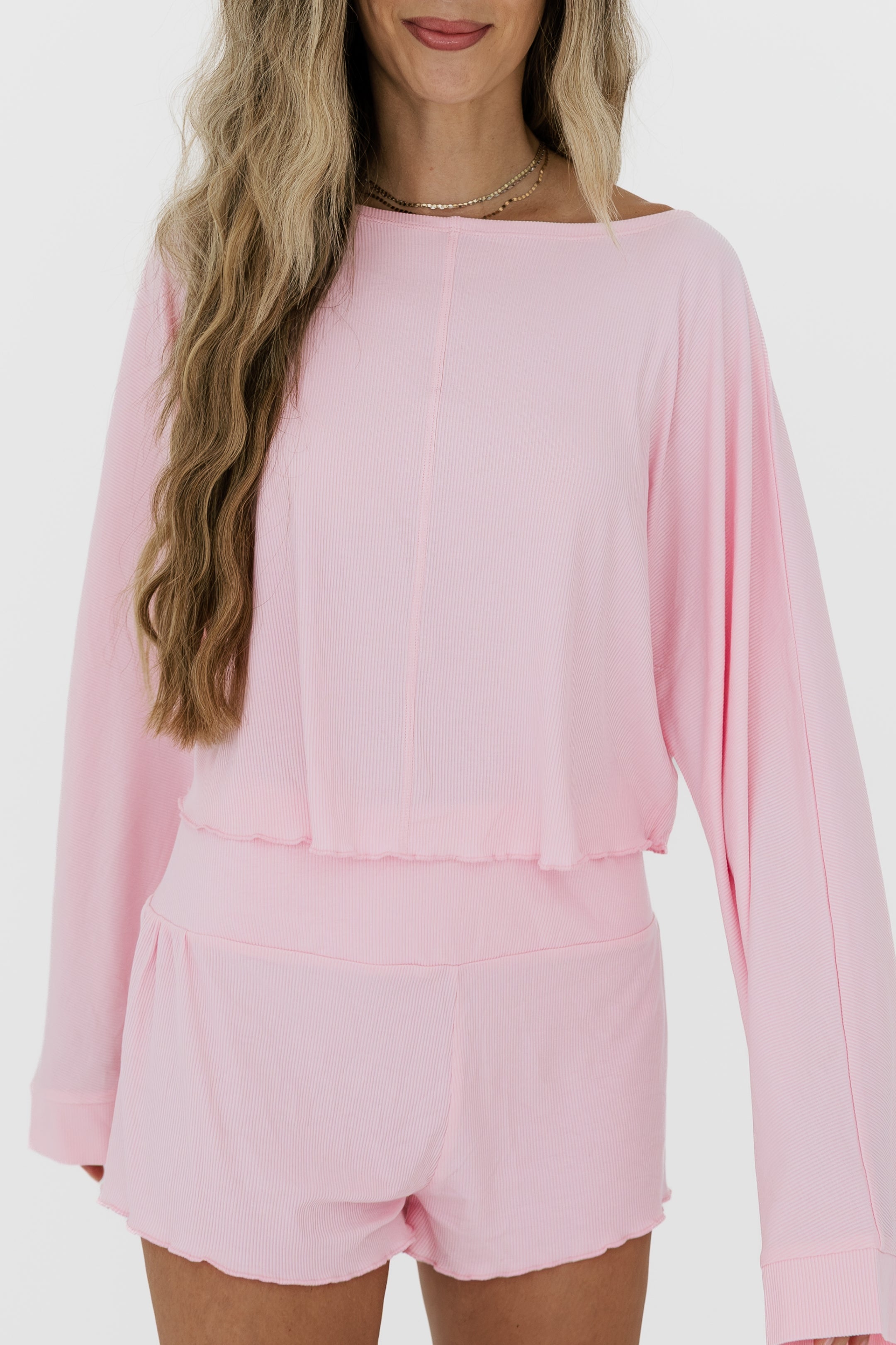 Mercer Pink Ribbed Women's Relaxed Sleeve Set
