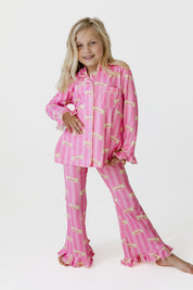 Pink Stripe Butter Girls' Long Sleeve Ruffle Flare Set