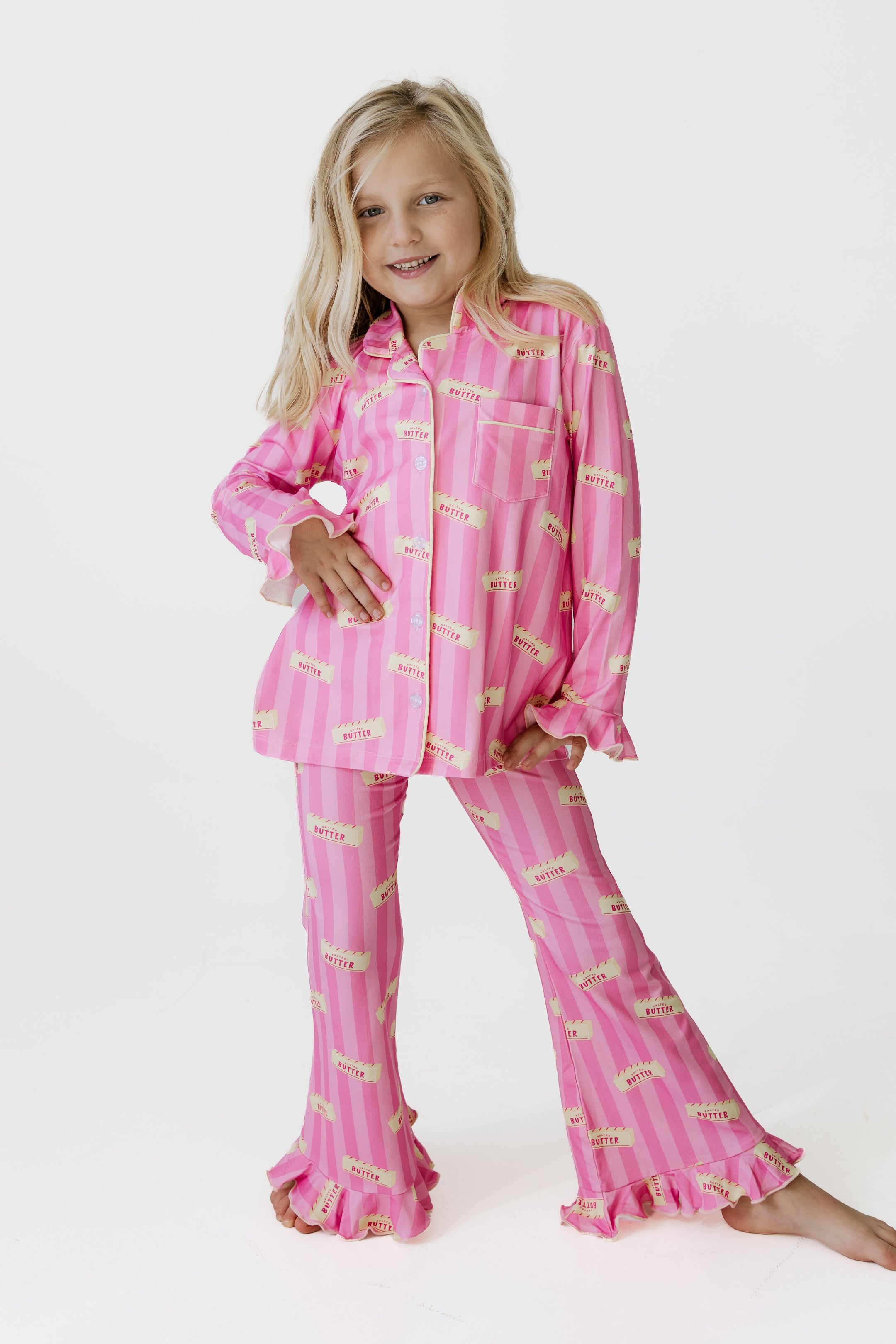 Pink Stripe Butter Girls' Long Sleeve Ruffle Flare Set