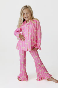 Pink Stripe Butter Girls' Long Sleeve Ruffle Flare Set