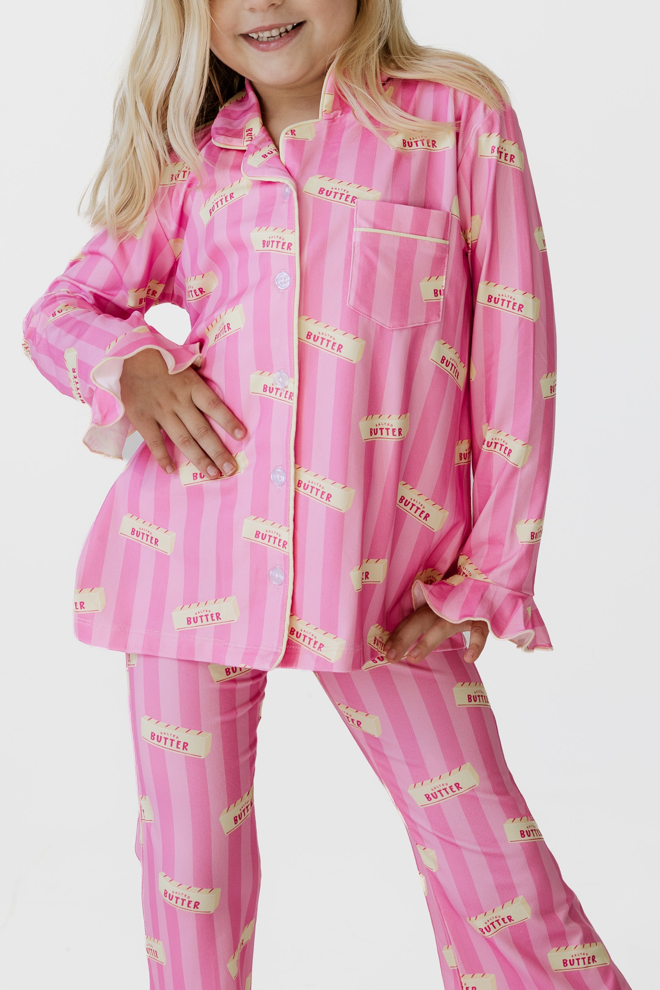 Pink Stripe Butter Girls' Long Sleeve Ruffle Flare Set