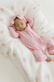 Pink and White Polka Dot Plush Blanket