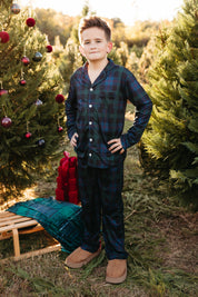 Dark Blue Plaid Kids' Long Sleeve Button Up Set - IMJ x Sarah Knuth