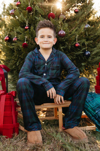 Dark Blue Plaid Kids' Long Sleeve Button Up Set - IMJ x Sarah Knuth