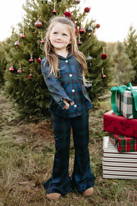 Dark Blue Plaid Girls' Long Sleeve Ruffle Flare Set - IMJ x Sarah Knuth