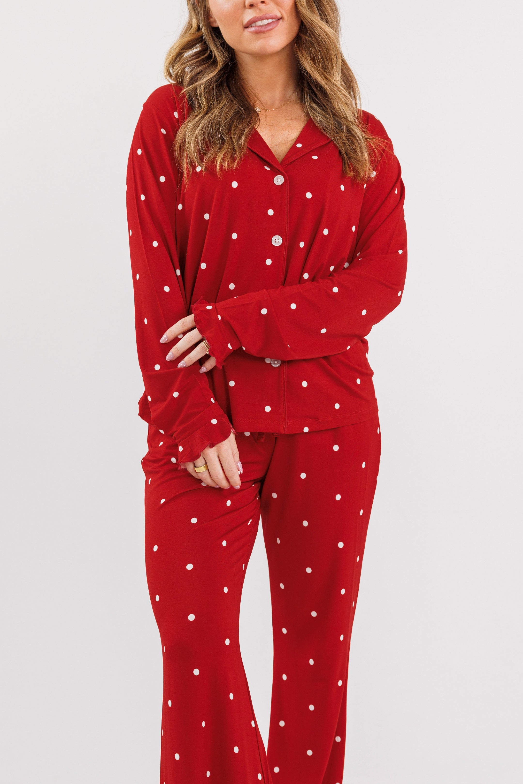 Ruby Polka Dot Women's Long Sleeve Ruffle Set - Pre Order Ships 10/5