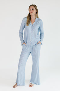 Powder Blue Stripe Women's Long Sleeve Ruffle Set