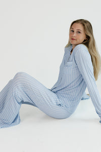 Powder Blue Stripe Women's Long Sleeve Ruffle Set