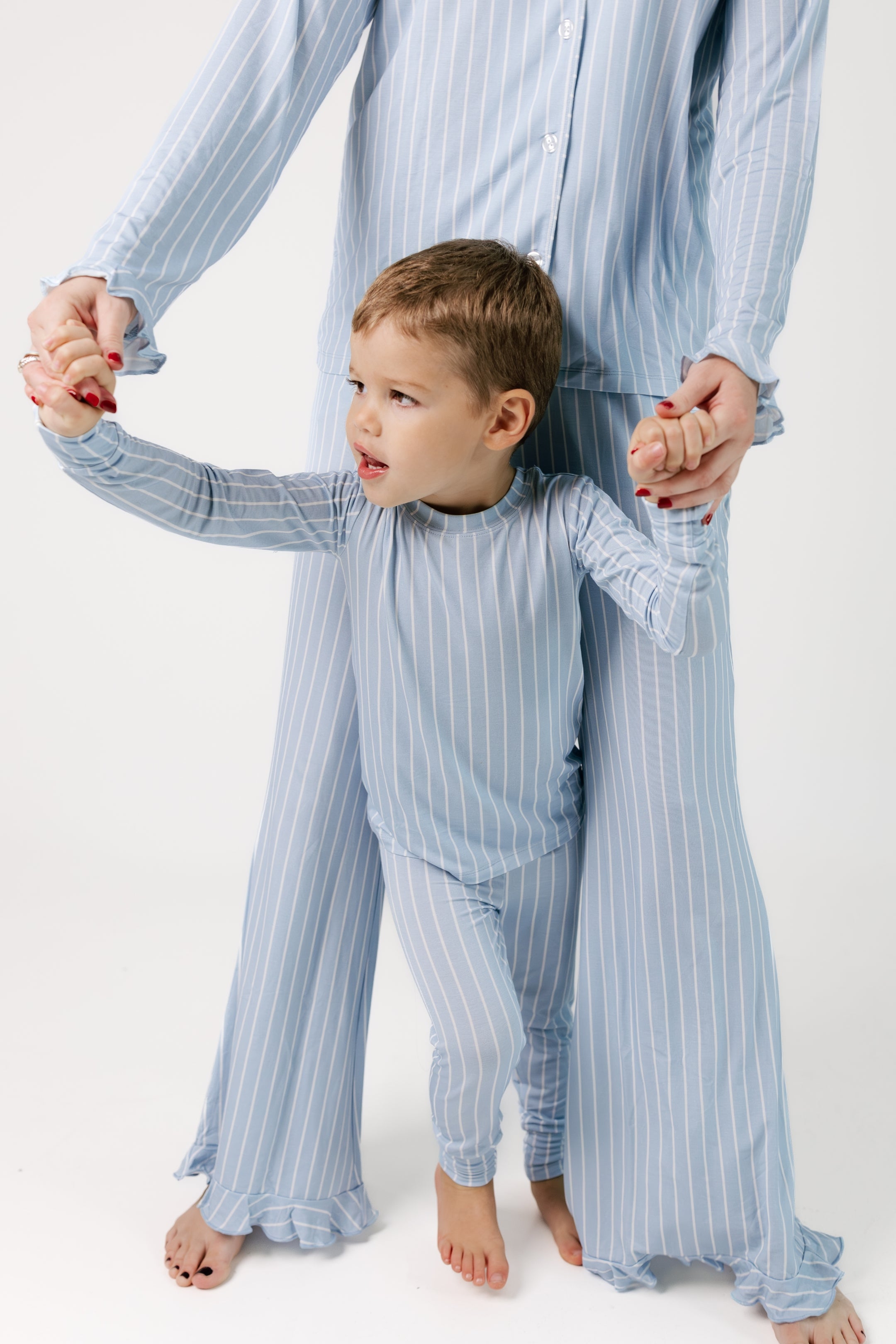 Powder Blue Stripe Women's Long Sleeve Ruffle Set