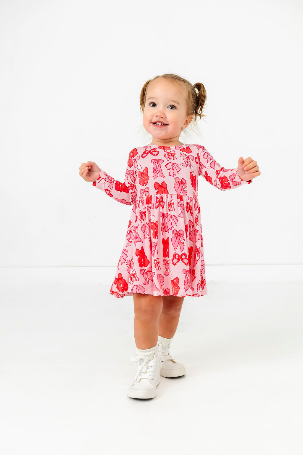 Valentine's Bow Long Sleeve Twirl Dress